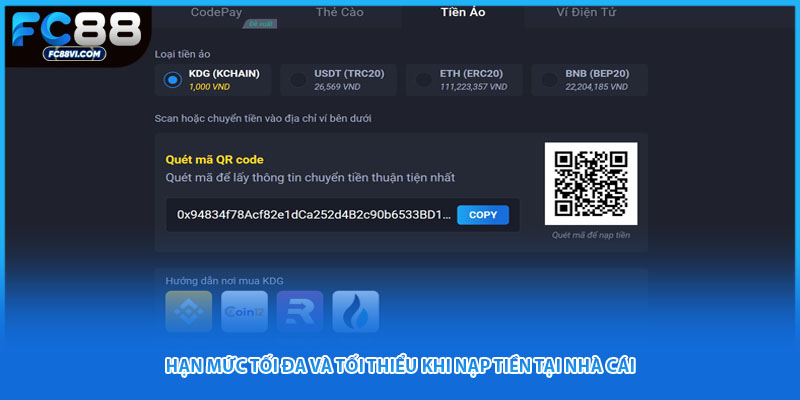 Hạn mức tối đa và tối thiểu khi nạp tiền tại nhà cái